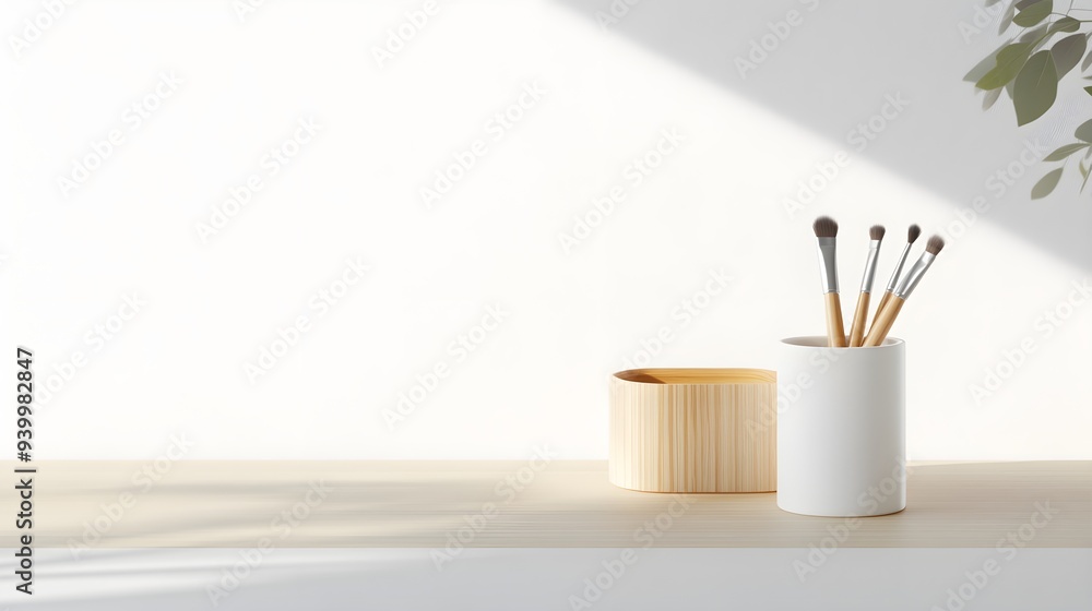 Modern desk with sleek wooden brush holder and hidden storage compartments, minimalist design, sunlight streaming through a window Modern desk with sleek wooden brush holder and hidden storage compartments, minimalist design, sunlight streaming through a window
