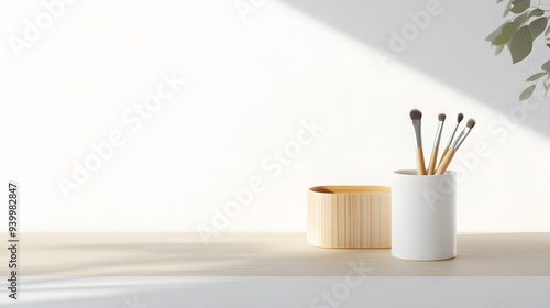 Modern desk with sleek wooden brush holder and hidden storage compartments, minimalist design, sunlight streaming through a window photo