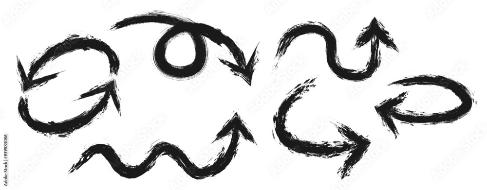 Set of black arrows icons with brush strokes styles. Grainy, grungy, dusty, rusty, or dirty textured symbol. Curve and turn signs. Hand drawn graffiti elements for undo, redo, up, or down process Set of black arrows icons with brush strokes styles. Grainy, grungy, dusty, rusty, or dirty textured symbol. Curve and turn signs. Hand drawn graffiti elements for undo, redo, up, or down process