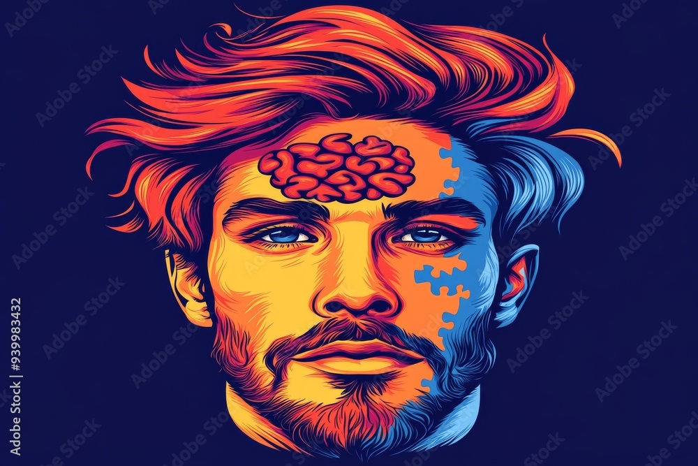Vibrant illustration of a man with a neon colored brain pattern on his face symbolizing creativity innovation and modern thinking set against a dark contrasting background Vibrant illustration of a man with a neon colored brain pattern on his face symbolizing creativity innovation and modern thinking set against a dark contrasting background