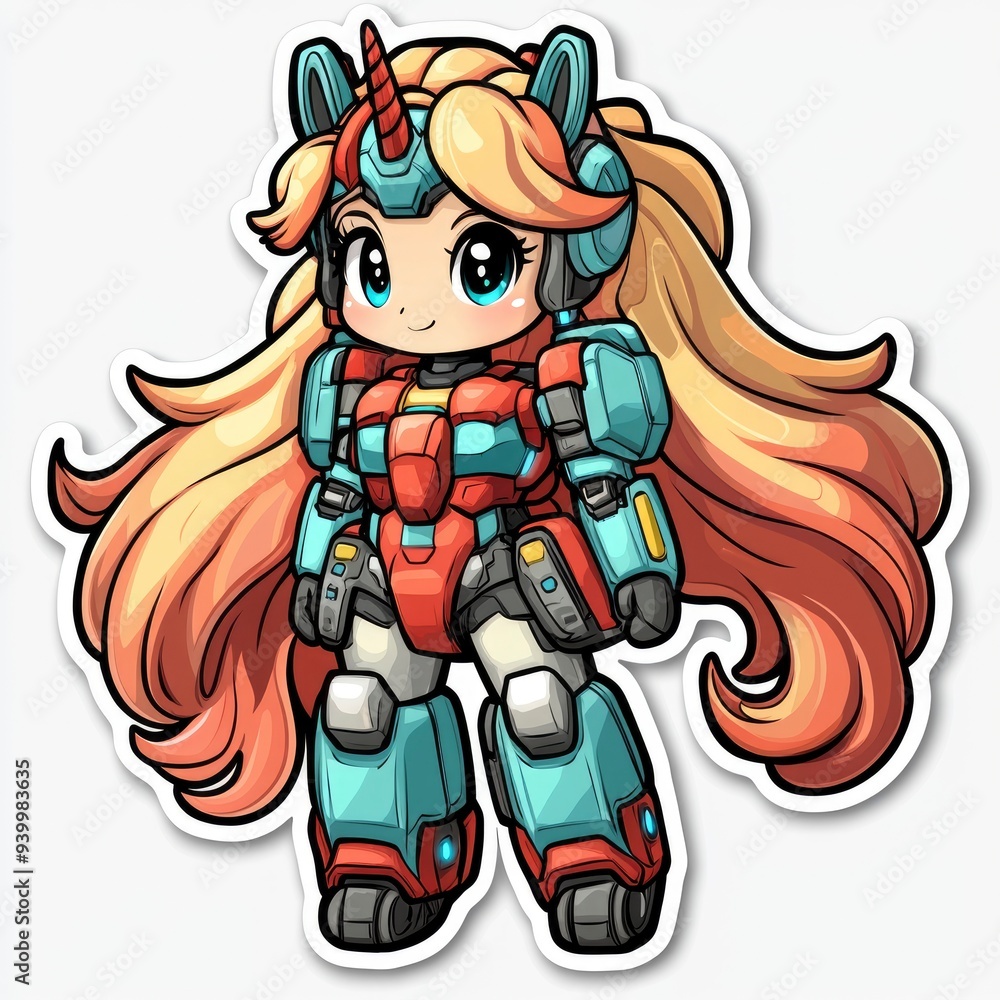 Cute Unicorn Mech Girl in Red and Blue Armor Cute Unicorn Mech Girl in Red and Blue Armor