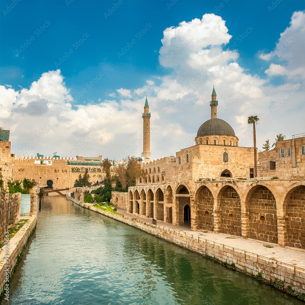 Naklejka premium A Turkish-style city with mosques and a river running through it