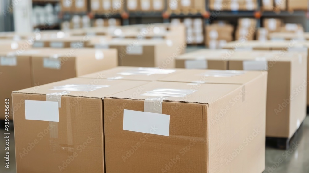 Branded cardboard boxes packed and sealed with branded stickers ready for online sales and enhanced brand recognition with a deep depth of field photography effect Branded cardboard boxes packed and sealed with branded stickers ready for online sales and enhanced brand recognition with a deep depth of field photography effect
