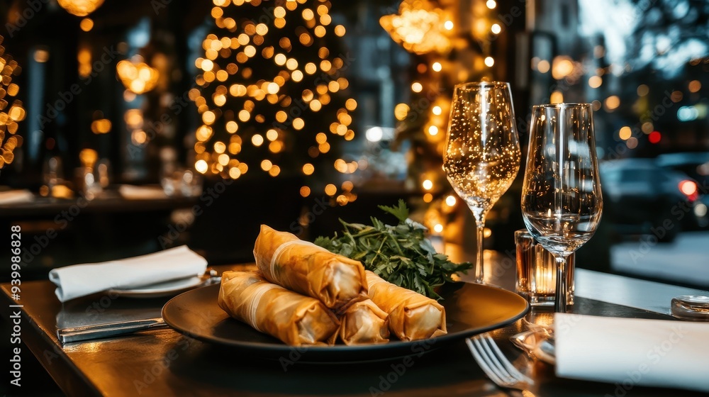 Delicious Food Wine Glasses and Festive Lights in a Restaurant Delicious Food Wine Glasses and Festive Lights in a Restaurant
