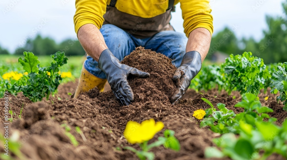 Fototapeta premium Farmer planting or harvesting fresh organic vegetables in vegetable garden