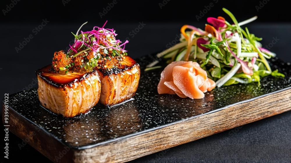 Japanese Cuisine Grilled Salmon with Seaweed and Ginger Japanese Cuisine Grilled Salmon with Seaweed and Ginger