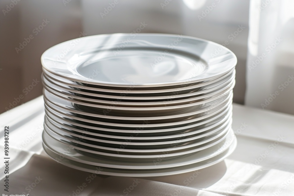 A stack of plates sits on top of a table, ready for use or display A stack of plates sits on top of a table, ready for use or display