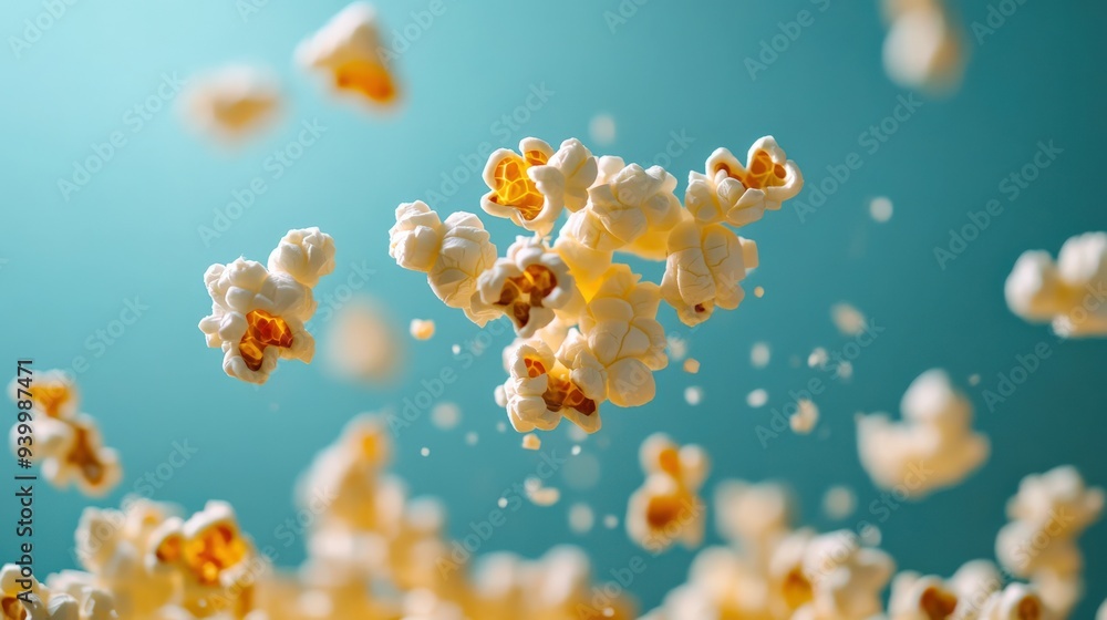 Dynamic Popcorn Floating on Blue Dynamic Popcorn Floating on Blue