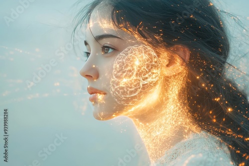 Portrait of a woman with her face illuminated by golden sparks symbolizing inner light spiritual awakening and the beauty of self realization in a serene outdoor setting