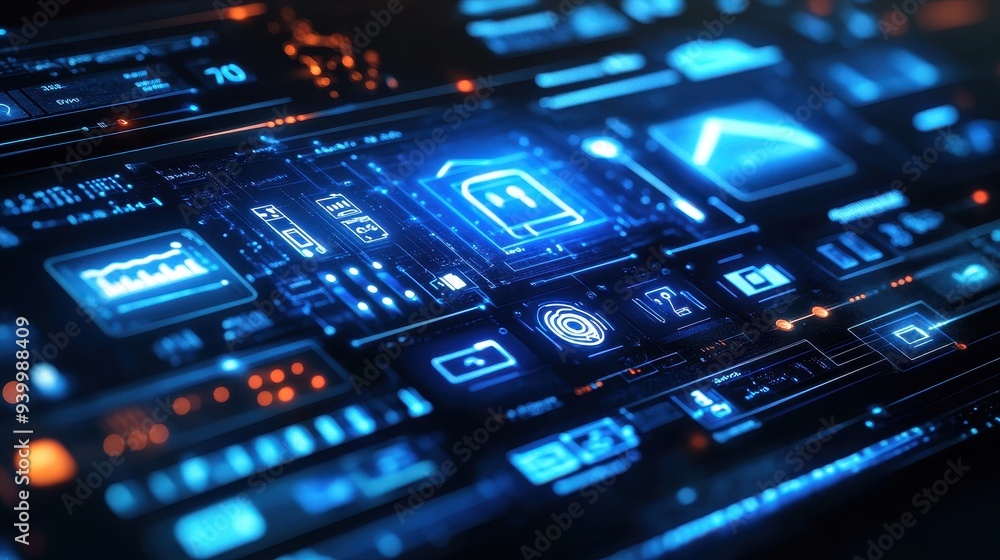 Futuristic Interface with Blue Glowing Icons and Data Futuristic Interface with Blue Glowing Icons and Data