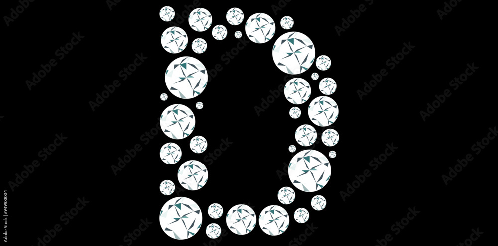 Silver Rhinestone Diamonds Alphabet Letter D Luxury Text Design Vector Illustration, Capital Diamonds Letter D On Black Background. Silver Rhinestone Diamonds Alphabet Letter D Luxury Text Design Vector Illustration, Capital Diamonds Letter D On Black Background.