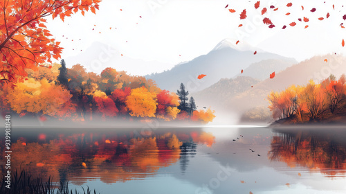 Warm Autumn Landscape with Gentle Breeze and Mountains