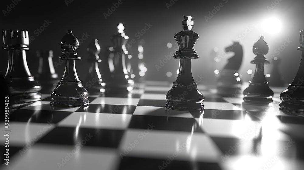 A close-up of a black and white chessboard with the pieces arranged for a game, illuminated by soft light A close-up of a black and white chessboard with the pieces arranged for a game, illuminated by soft light