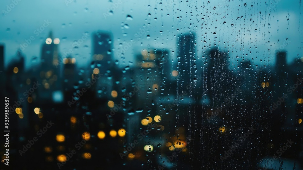 A close-up of a raindrop-covered window, with the dark city skyline blurred in the background A close-up of a raindrop-covered window, with the dark city skyline blurred in the background
