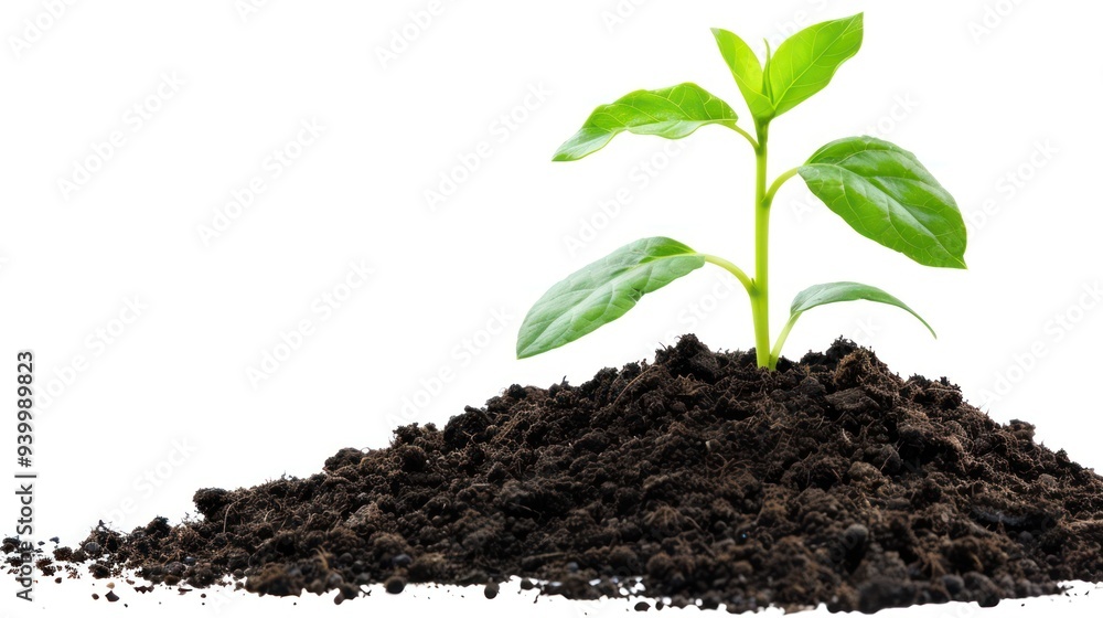 A Small Plant Growing in Soil Against a White Background A Small Plant Growing in Soil Against a White Background