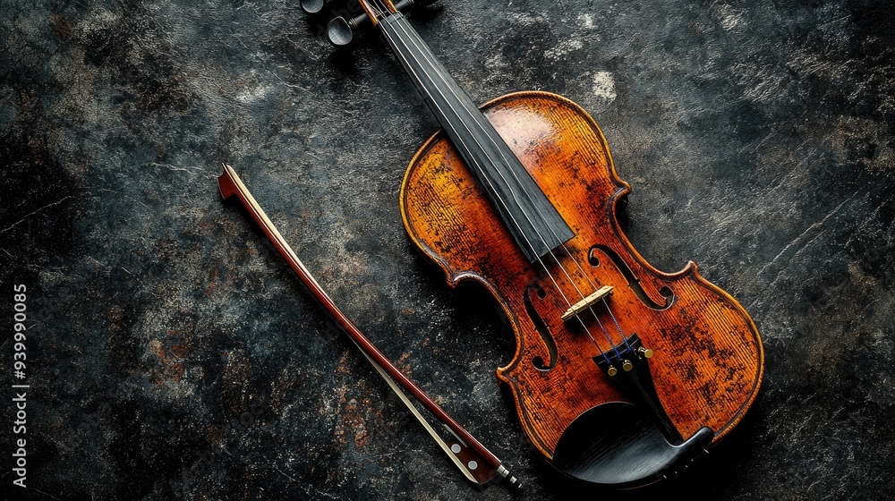 Fototapeta premium A close-up of a violin with a bow, placed on a dark surface