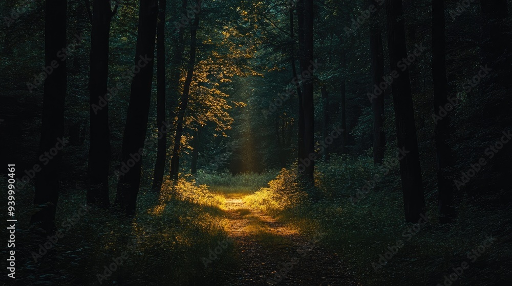 A dark forest with a narrow path illuminated by a single beam of light - A dark forest with a narrow path illuminated by a single beam of light -