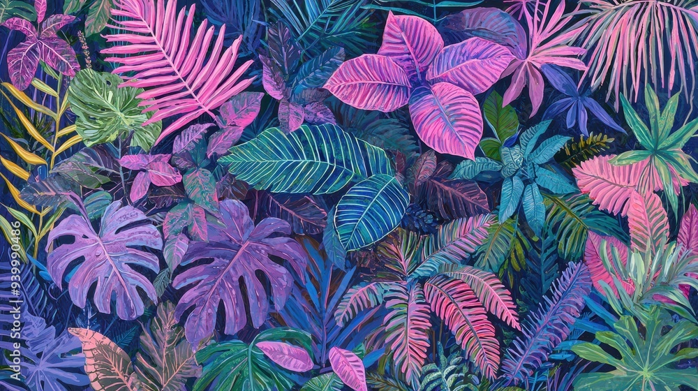 Tropical Leaf Pattern with Pink and Blue Tones Tropical Leaf Pattern with Pink and Blue Tones