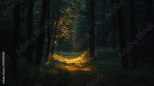 A dark forest with a narrow path illuminated by a single beam of light -