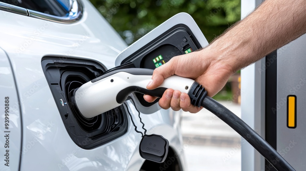 Charging an electric vehicle with a charging cable plugged into a car's charging port Charging an electric vehicle with a charging cable plugged into a car's charging port