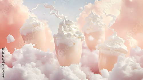 A surreal representation of milkshakes with whipped cream floating in mid-air, with the whipped cream spiraling upwards like clouds photo