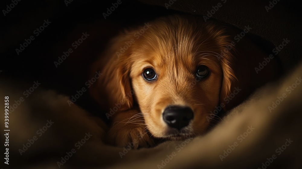 A golden retriever puppy's face peeking out from the darkness, with soft light illuminating its fur A golden retriever puppy's face peeking out from the darkness, with soft light illuminating its fur