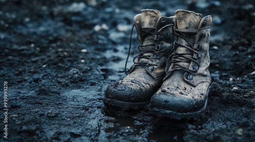 A pair of old, worn-out boots standing on a dark, muddy surface A pair of old, worn-out boots standing on a dark, muddy surface