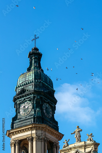 The main attraction of the city PAPA, Hungary, Veszprem district against the sky in sunny weather. Church of the Holy Martyr Stephen. Religion, prayer. Cathedral of the 18th century. Nagytemplom photo