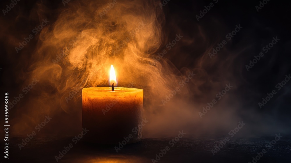 A solitary lit candle with smoke wafting into the darkness, creating a somber atmosphere A solitary lit candle with smoke wafting into the darkness, creating a somber atmosphere