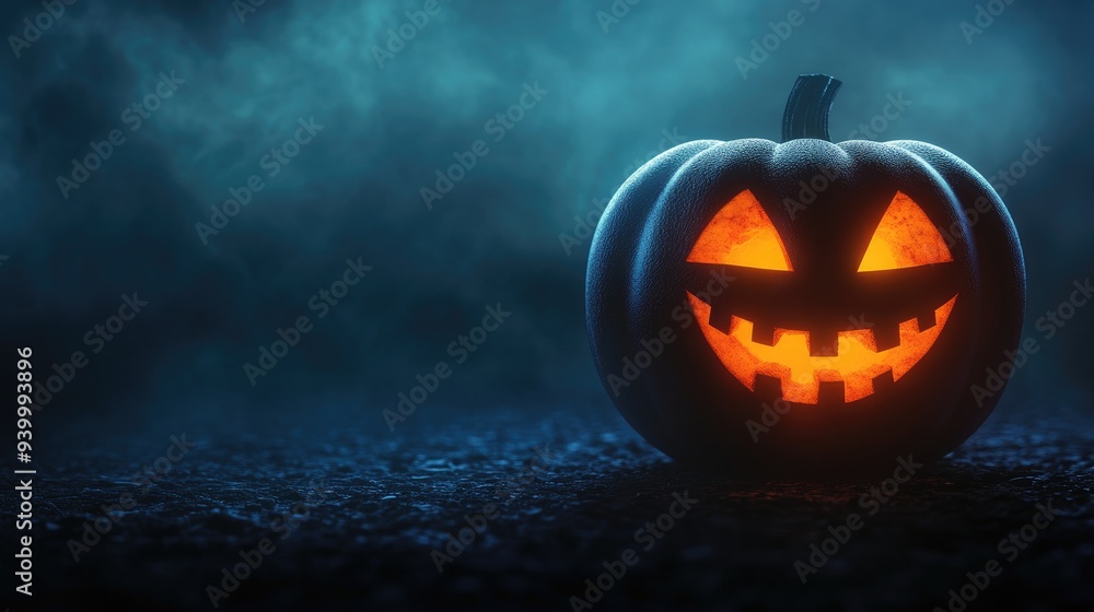 A spooky Halloween pumpkin with a glowing face, sitting on a dark background with mist A spooky Halloween pumpkin with a glowing face, sitting on a dark background with mist