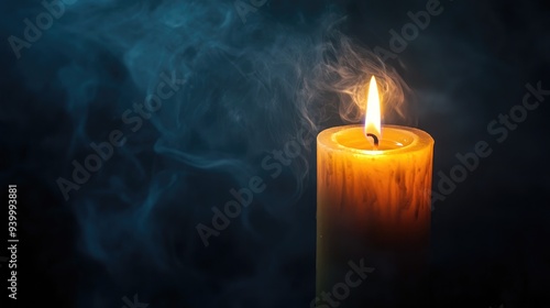 A solitary lit candle with smoke wafting into the darkness, creating a somber atmosphere