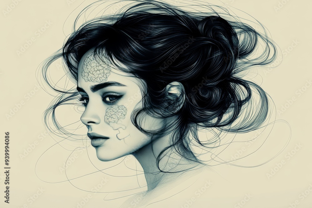 Minimalistic sketch of a womans profile with a swirling brain symbolizing the flow of ideas and the dynamic nature of creative thought Minimalistic sketch of a womans profile with a swirling brain symbolizing the flow of ideas and the dynamic nature of creative thought