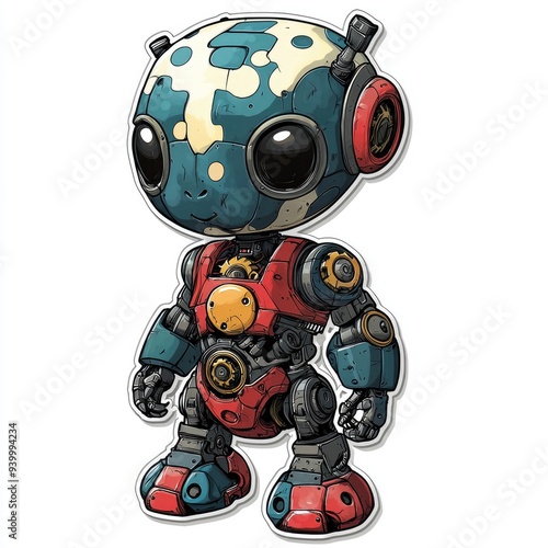 Cute Cartoon Robot Character with Big Eyes and Gears