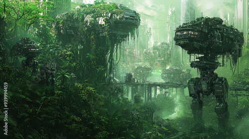 Futuristic City Overgrown with Jungle Green Technology Urban Nature