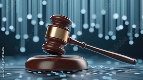 Wooden gavel resting on a surface with a futuristic digital background, representing technology in law, justice, and cybersecurity.