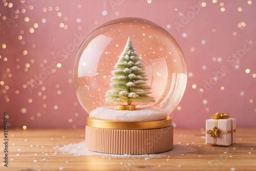 Magical snow globe with Christmas decorations
on pastel pink background