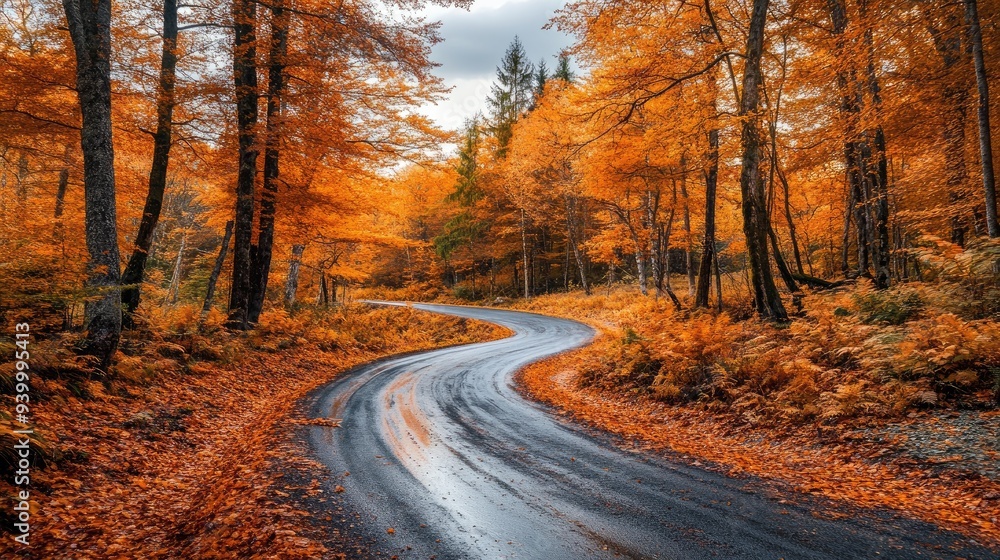 Obraz premium Autumn landscape with a winding road through a forest of vibrant orange and yellow leaves, peaceful and scenic countryside