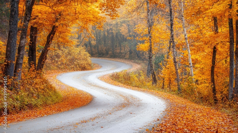 Autumn landscape with a winding road through a forest of vibrant orange and yellow leaves, peaceful and scenic countryside Autumn landscape with a winding road through a forest of vibrant orange and yellow leaves, peaceful and scenic countryside