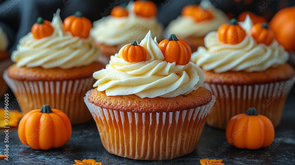 Seasonal Pumpkin Swirled Cupcakes with frosting and decorative pumpkins on top, halloween party theme food ideas for kids or adults Seasonal Pumpkin Swirled Cupcakes with frosting and decorative pumpkins on top, halloween party theme food ideas for kids or adults