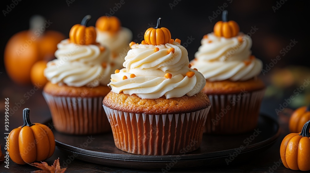 Seasonal Pumpkin Swirled Cupcakes with frosting and decorative pumpkins on top, halloween party theme food ideas for kids or adults Seasonal Pumpkin Swirled Cupcakes with frosting and decorative pumpkins on top, halloween party theme food ideas for kids or adults