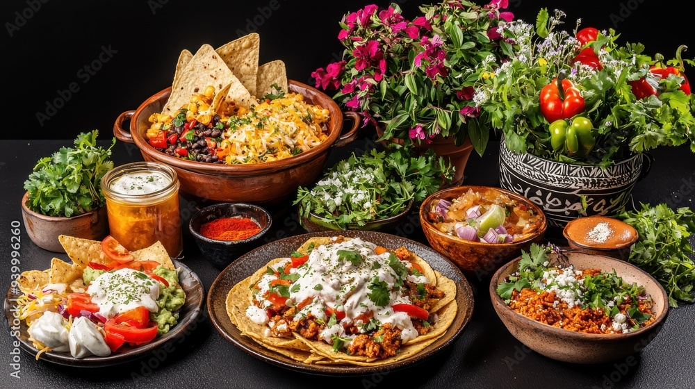 Fototapeta premium Delicious Mexican Food with Tacos Nachos and Chili