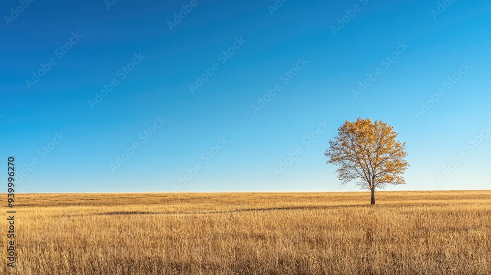 Golden autumn field with a lone tree standing tall under a clear blue sky, peaceful and serene rural landscape scene Golden autumn field with a lone tree standing tall under a clear blue sky, peaceful and serene rural landscape scene