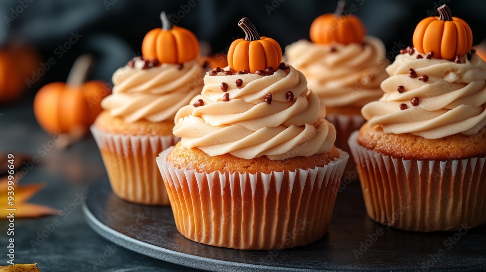 Seasonal Pumpkin Swirled Cupcakes with frosting and decorative pumpkins on top, halloween party theme food ideas for kids or adults Seasonal Pumpkin Swirled Cupcakes with frosting and decorative pumpkins on top, halloween party theme food ideas for kids or adults