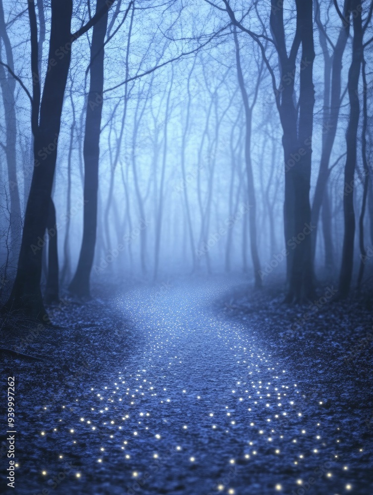 A dark forest filled with glowing mysterious orbs, illuminating the path through an enchanted twilight A dark forest filled with glowing mysterious orbs, illuminating the path through an enchanted twilight