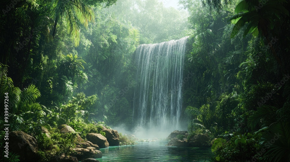 Lush tropical rainforest with dense green foliage and a misty waterfall cascading into a clear pool below Lush tropical rainforest with dense green foliage and a misty waterfall cascading into a clear pool below