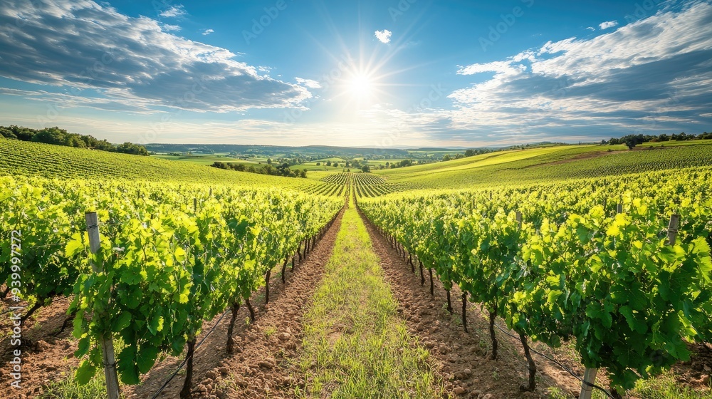 Lush vineyard stretching into the distance under a bright summer sun, abundant and vibrant agricultural landscape scene - Lush vineyard stretching into the distance under a bright summer sun, abundant and vibrant agricultural landscape scene -