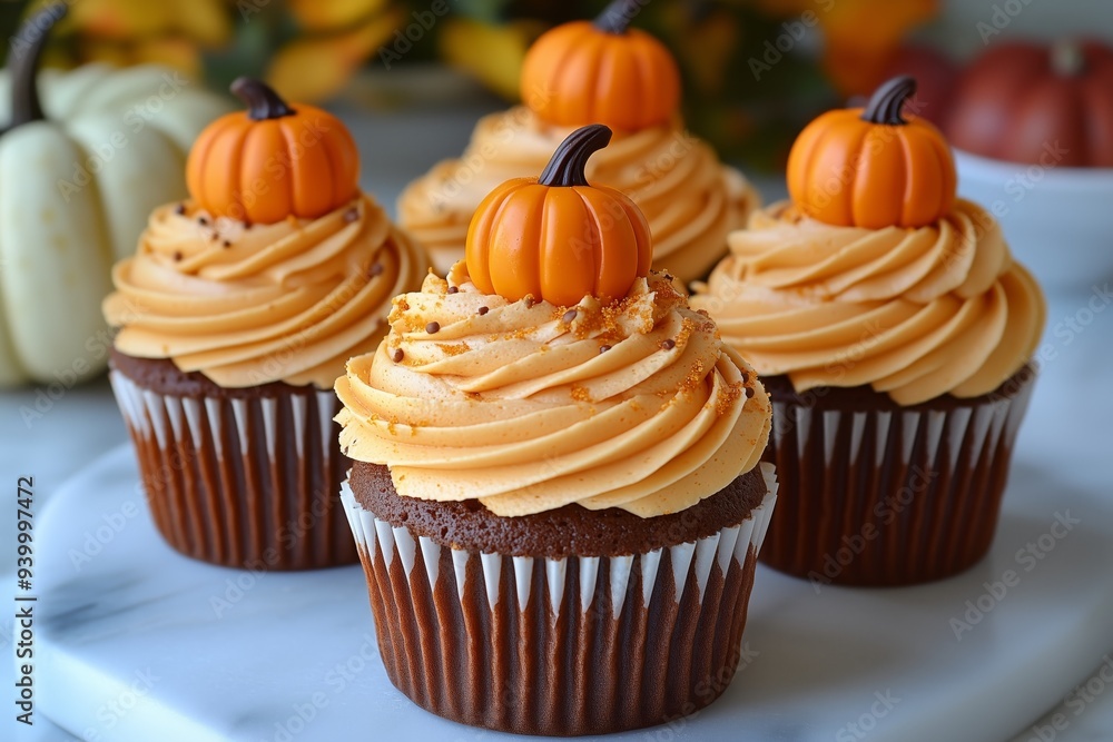 Seasonal Pumpkin Swirled Cupcakes with frosting and decorative pumpkins on top, halloween party theme food ideas for kids or adults Seasonal Pumpkin Swirled Cupcakes with frosting and decorative pumpkins on top, halloween party theme food ideas for kids or adults