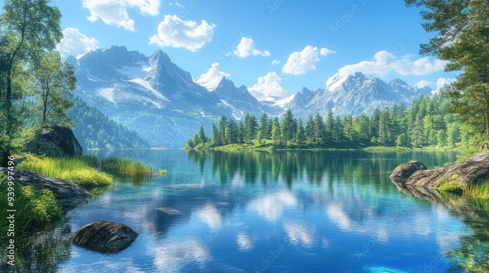 Fototapeta premium Mountain lake with crystal-clear water reflecting the surrounding peaks, tranquil and serene alpine landscape under a clear blue sky -