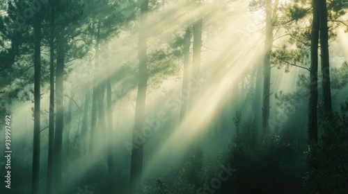 Misty forest with tall pine trees and sunlight filtering through the fog, tranquil and serene landscape