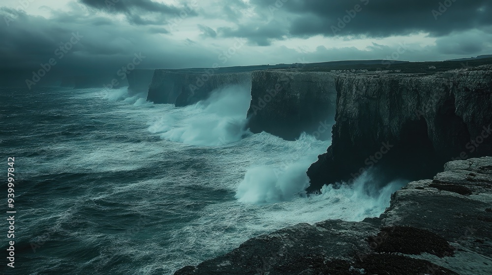 Rocky coastline with waves crashing against the cliffs, dramatic ocean view under a cloudy sky, powerful natural landscape